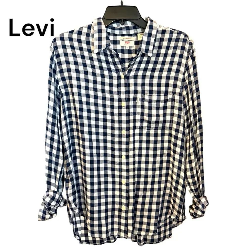 Levi's Boyfriend Fit Button Front Womens Long Sleeve Navy Checkered Shirt